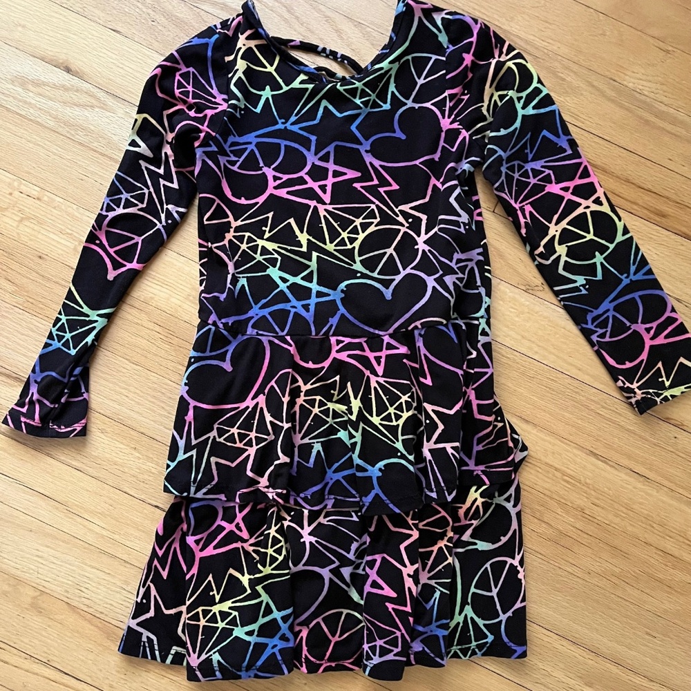 PixieLane Black Rainbow Hearts Stars Diamond Graphic Long Sleeve Dress Size 8